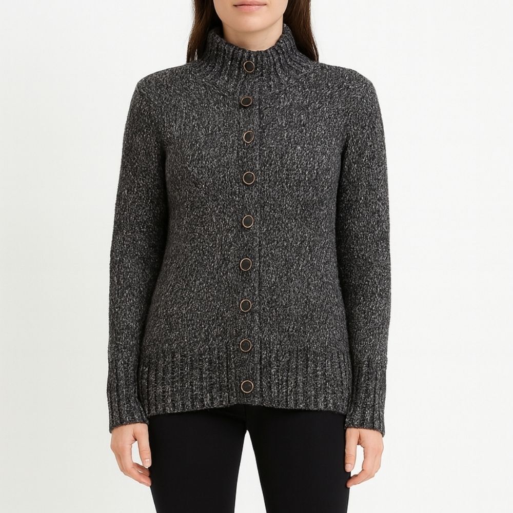 Eddie Bauer High Neck Grey Knit Vintage Button Up Sweater L Wool Blend Outdoor